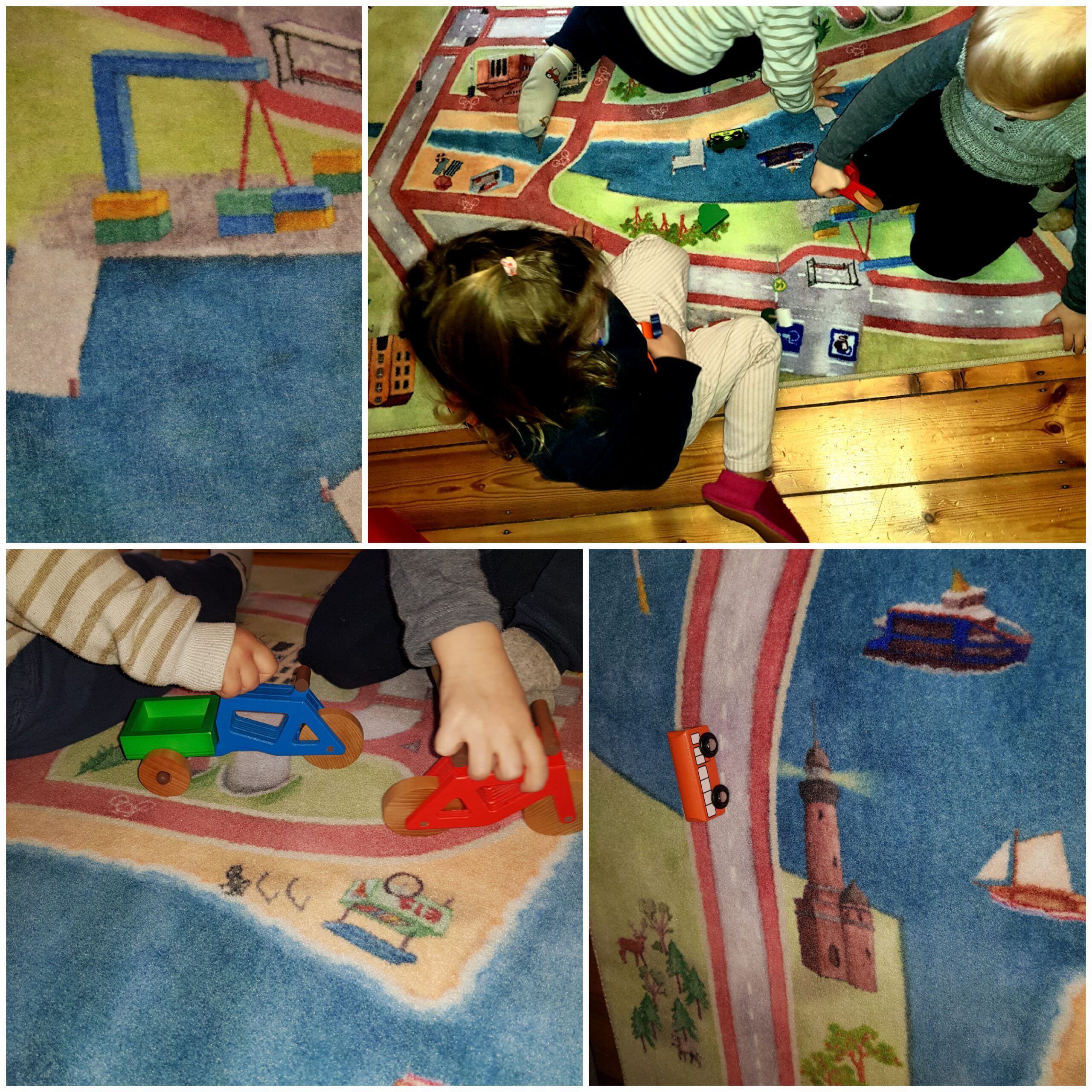 Kinder auf einem Spielteppich mit Motiven von Hamburg