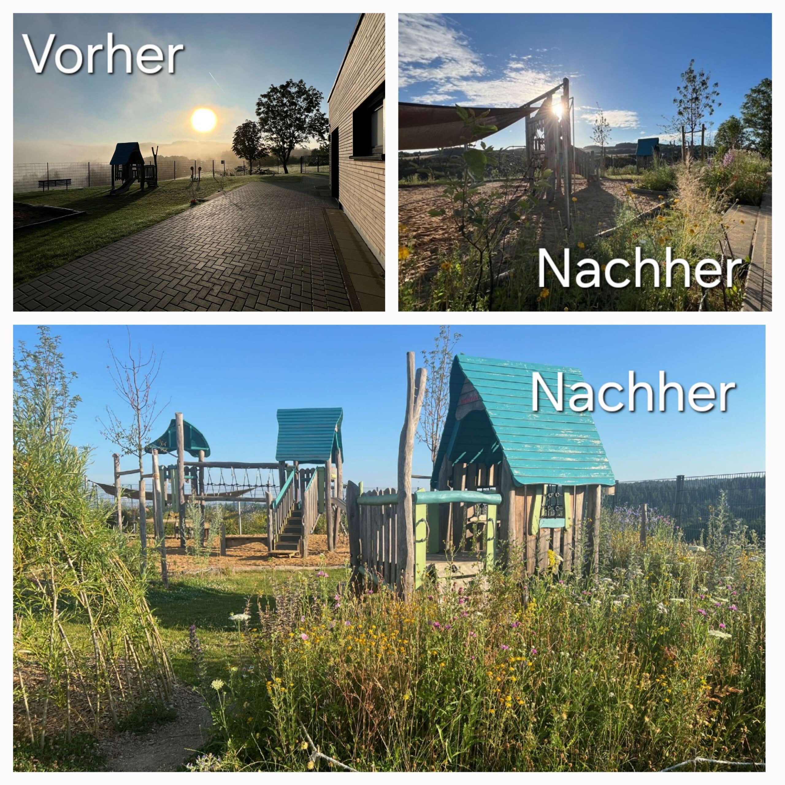 Eine Vorher-Nachher-Collage vom Außengelände der Kita