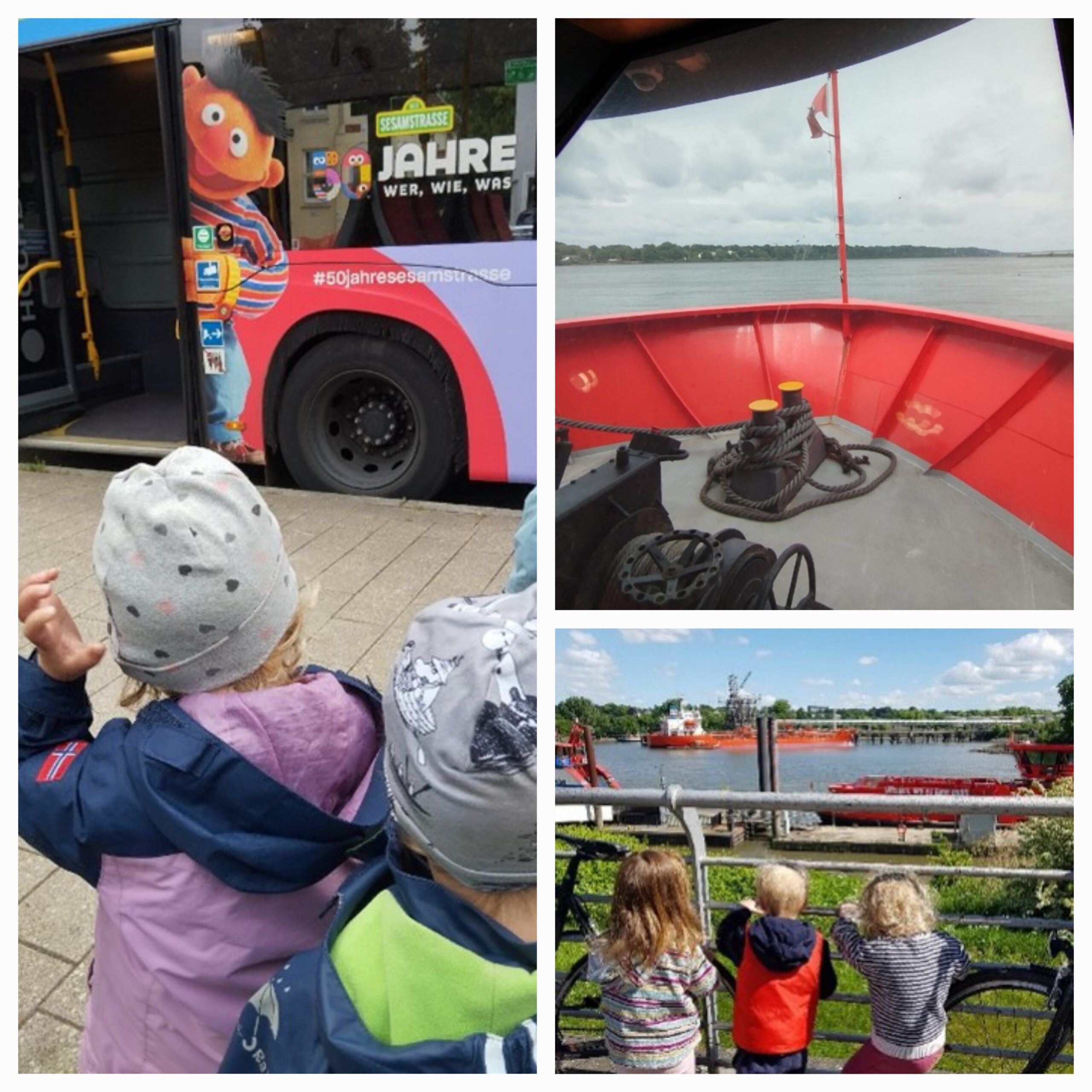 Kinder in Bus und auf dem Schiff