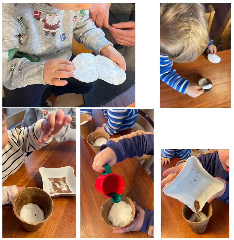 Kinder sähen Kresse in Töpfen.