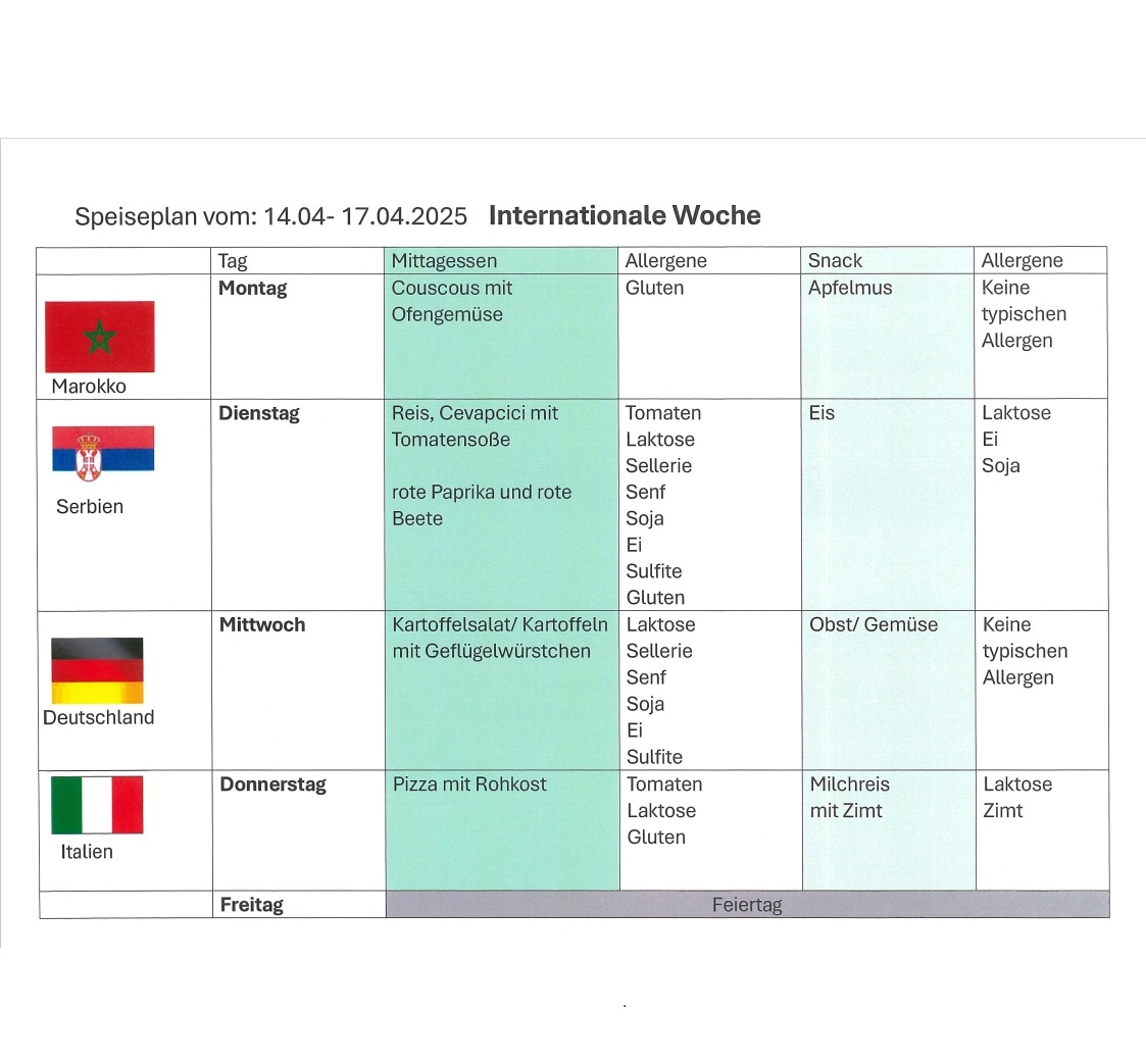 Speiseplan mit typischen Gerichten aus Marokko, Serbien, Italien und Deutschland
