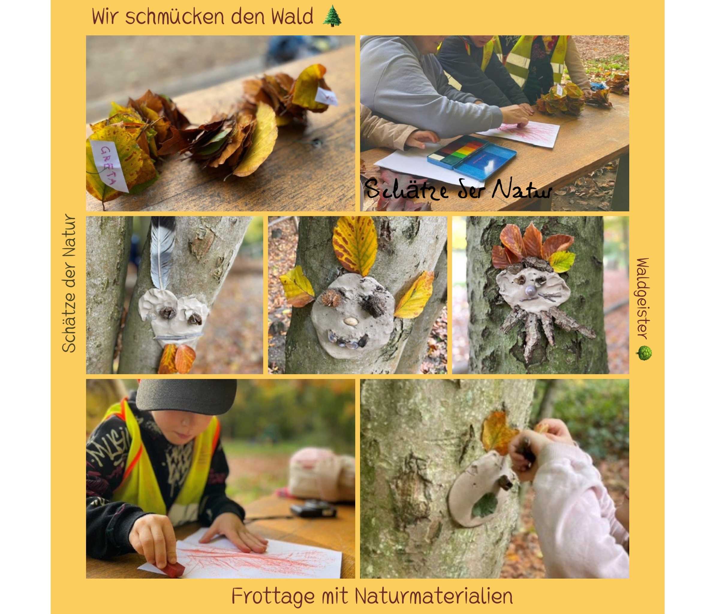 Kinder basteln Kunstwerke aus Naturmaterialien und schmücken den Wald