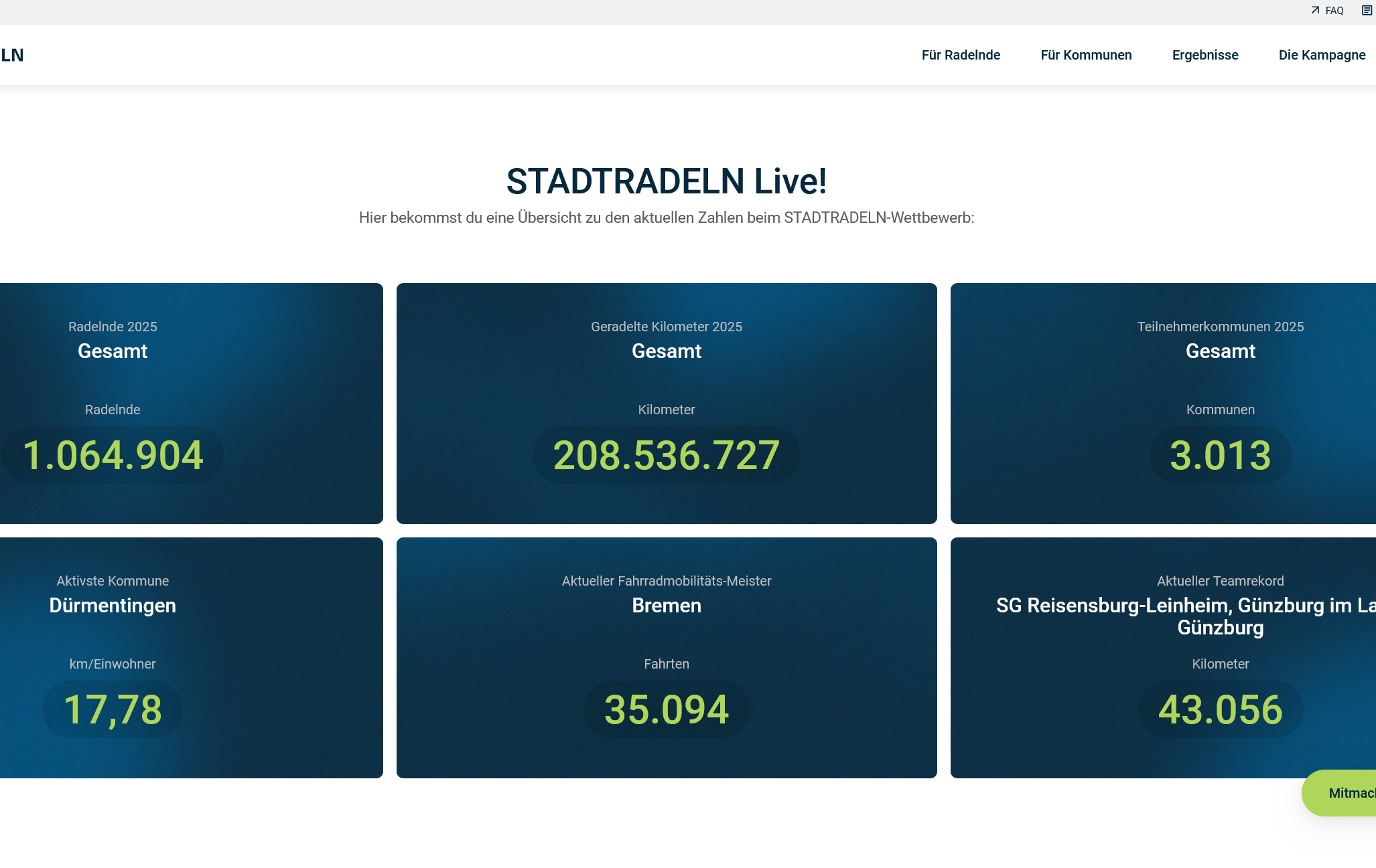 Blick auf die Webseite Stadtradeln