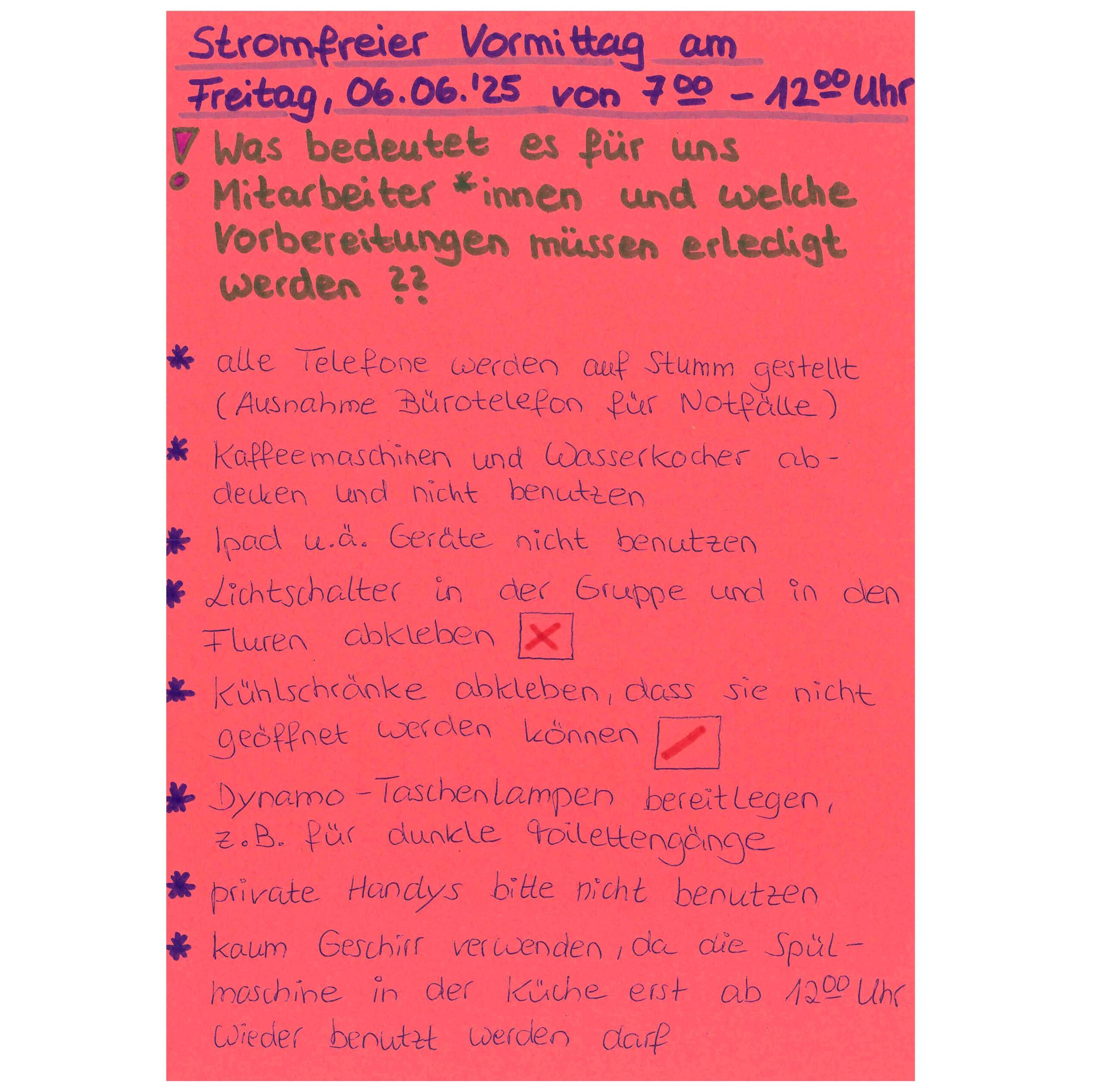 Eine Liste mit den Dingen, die am stromfreien Tag zu beachten sind.