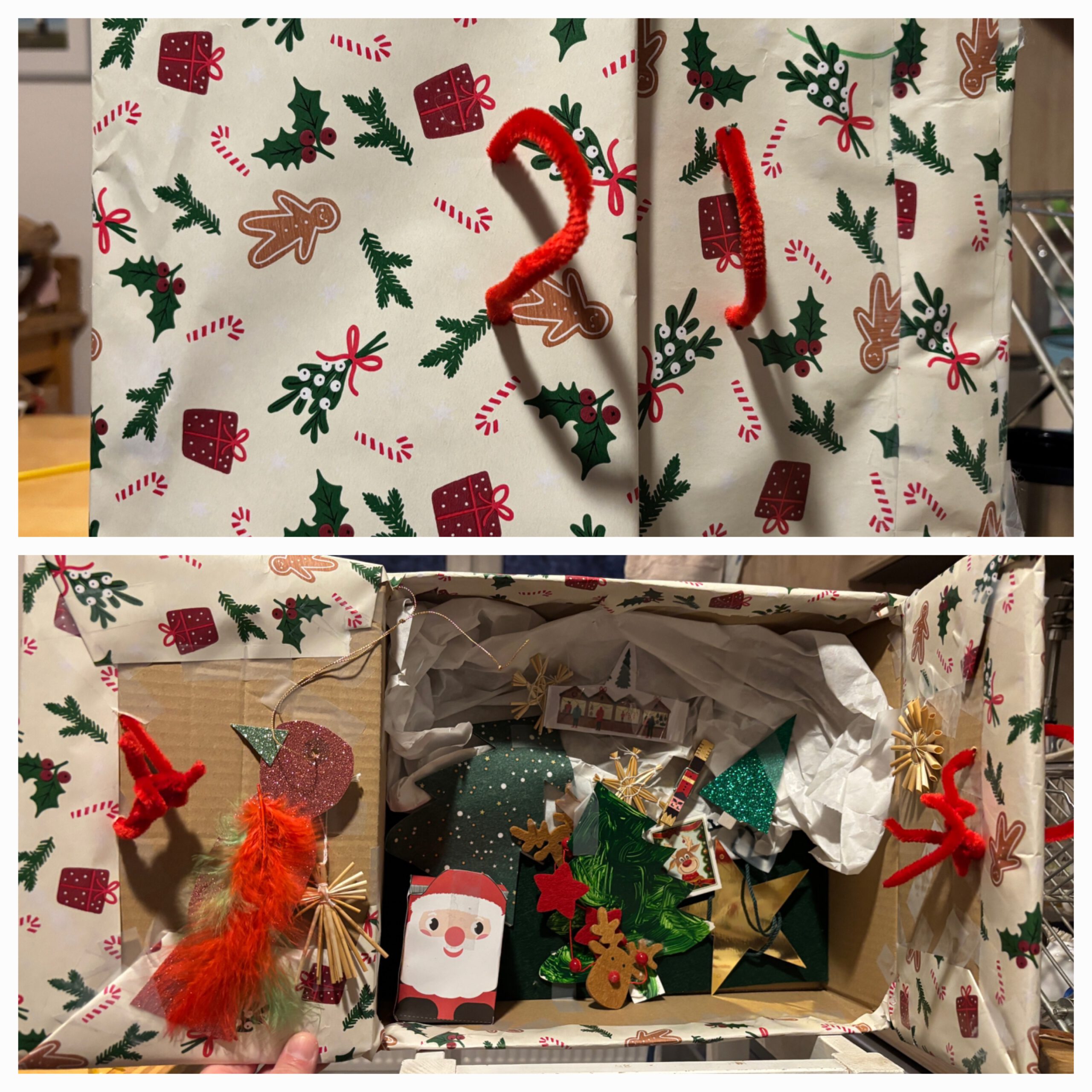 Ein Karton mit Geschenkpapier beklebt, in dem sich Weihnachtsdeko befindet.