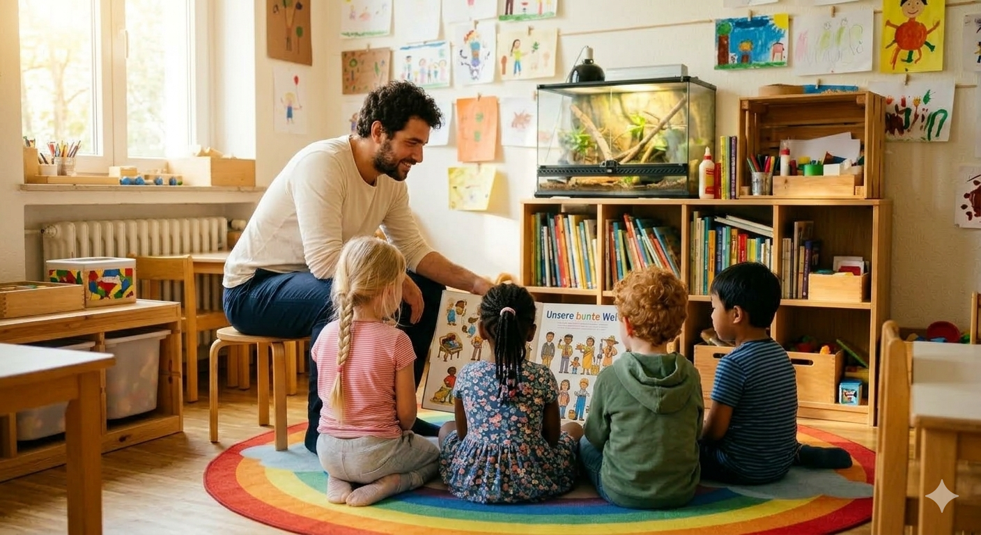 Ein Erzieher in der Kita liest zusammen mit mehreren Kindern ein Buch &uuml;ber Vielfalt.