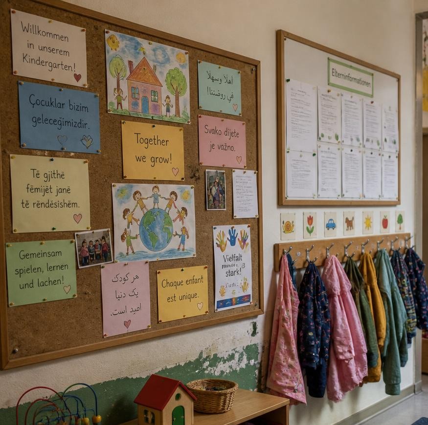 Ein Kita-Flur mit einer Pinwand, auf der mehrsprachige Sprüche wie 