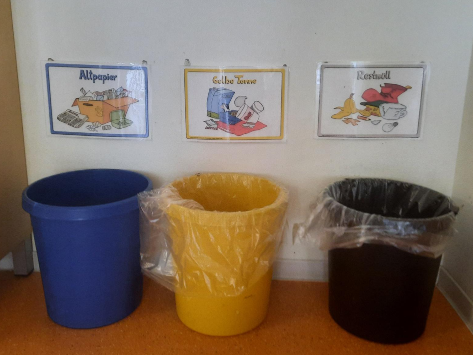 3 Mülleimer für Papier (blau), Verpackung (gelb) und Restmüll (schwarz)