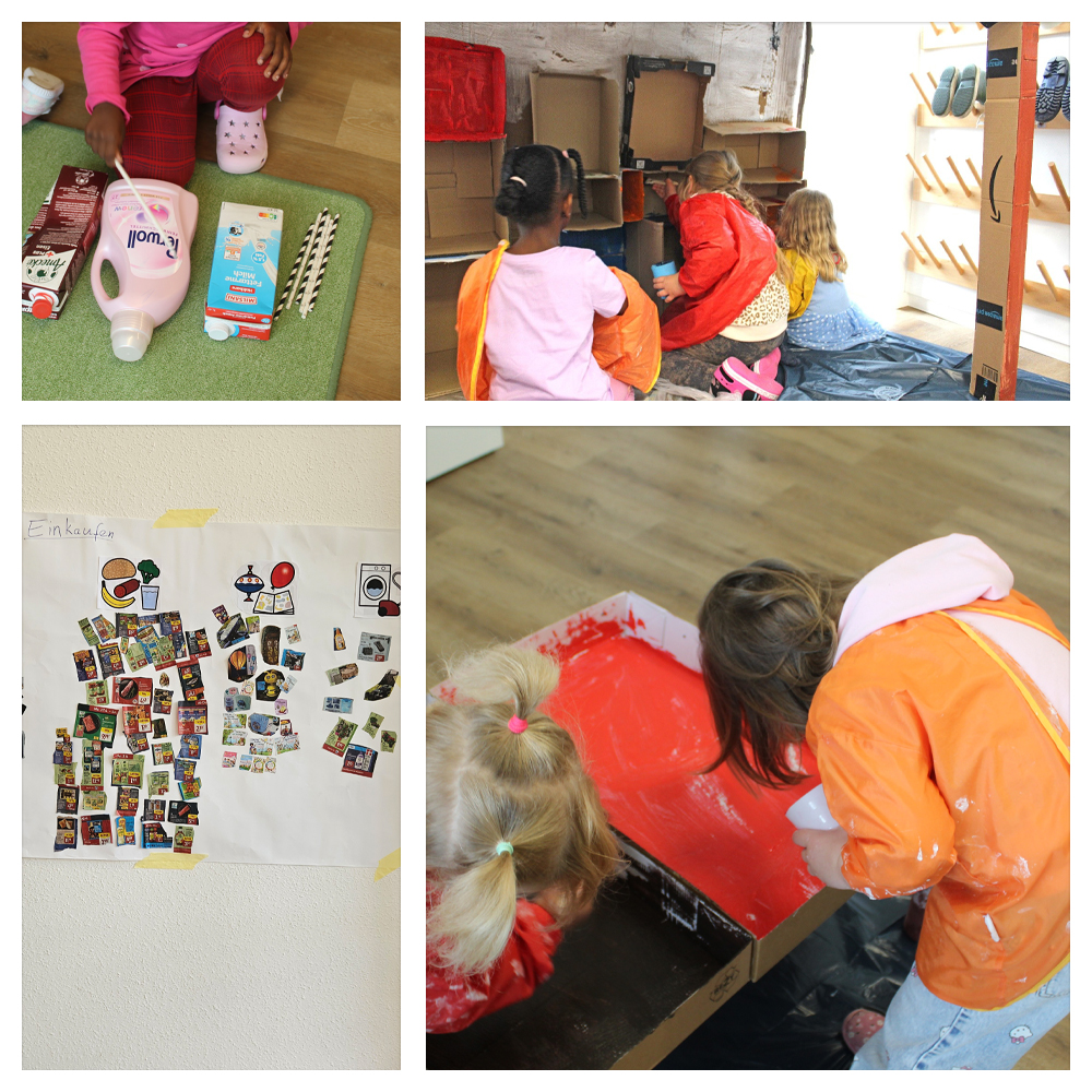 Kinder bauen einen eigenen Kaufladen aus alten Kartons.