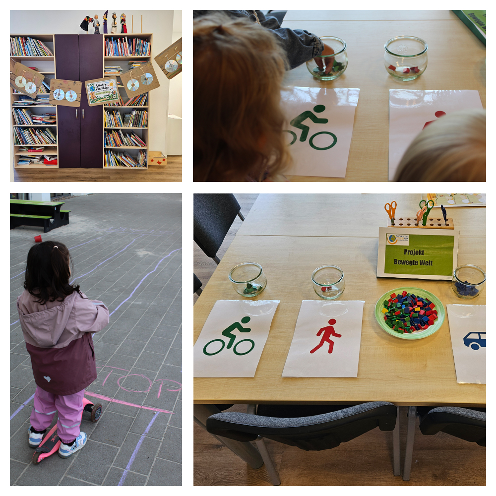 Auf einem Tisch können Kinder mit Steinen für die Mobilitätsform abstimmen, mit der sie zur Kita gekommen sind.